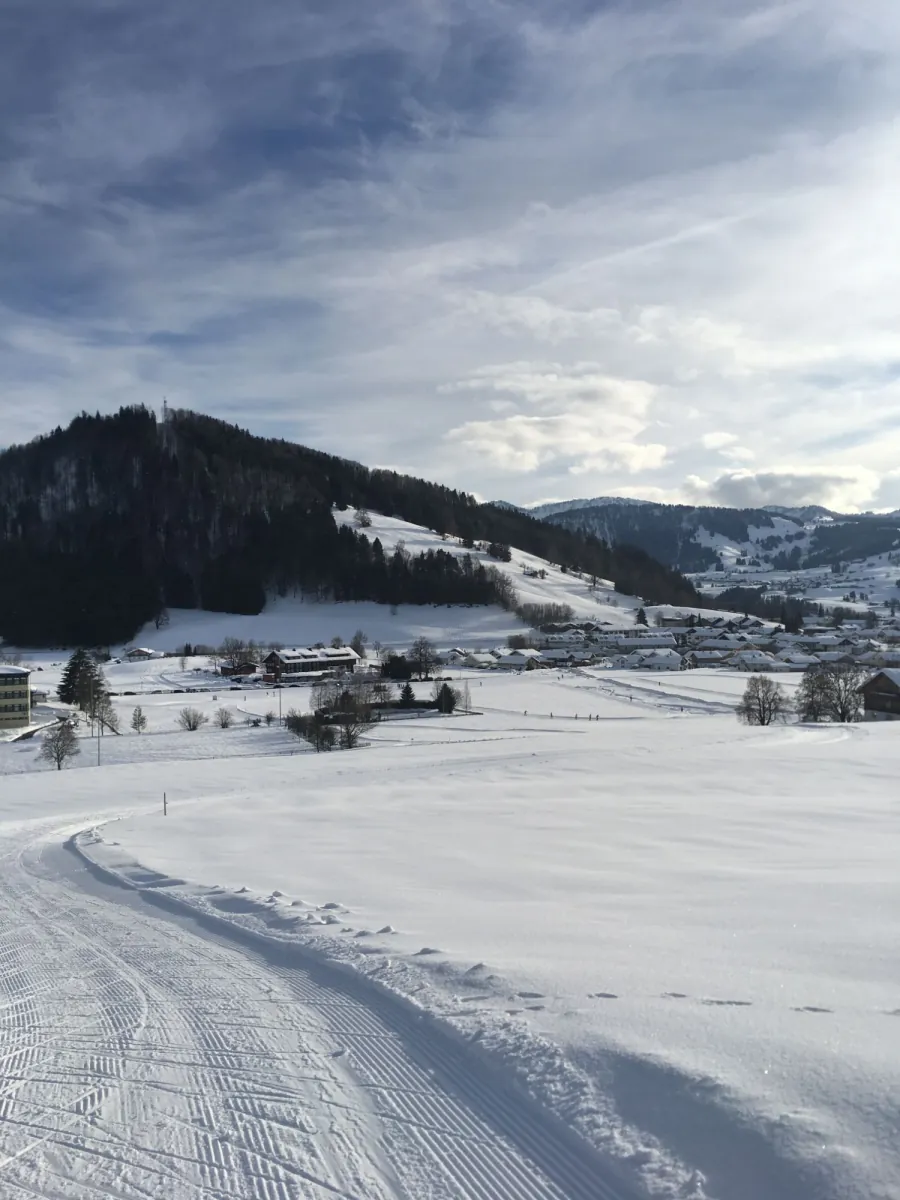 Frisch gespurte Langlaufloipe in einer verschneiten Wiese mit Blick auf Oberstaufen